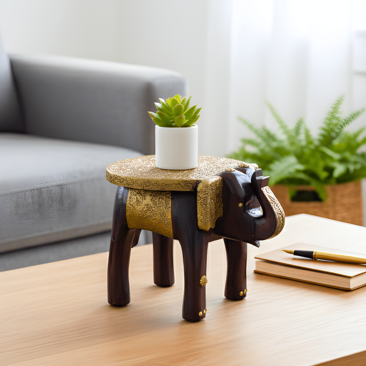 Brass Embossed Wooden Elephant Stool - Image 2