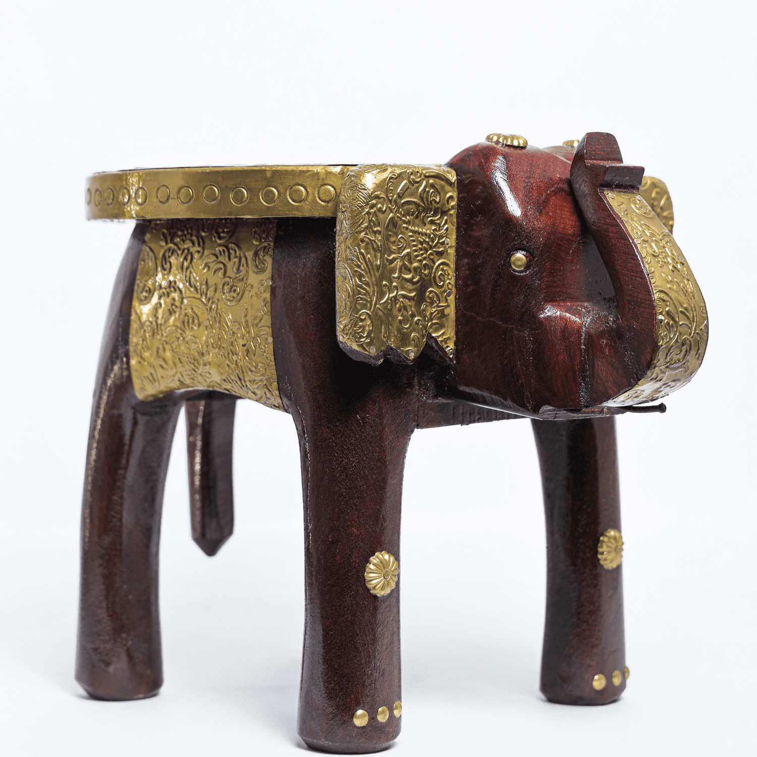 Brass Embossed Wooden Elephant Stool - Image 4