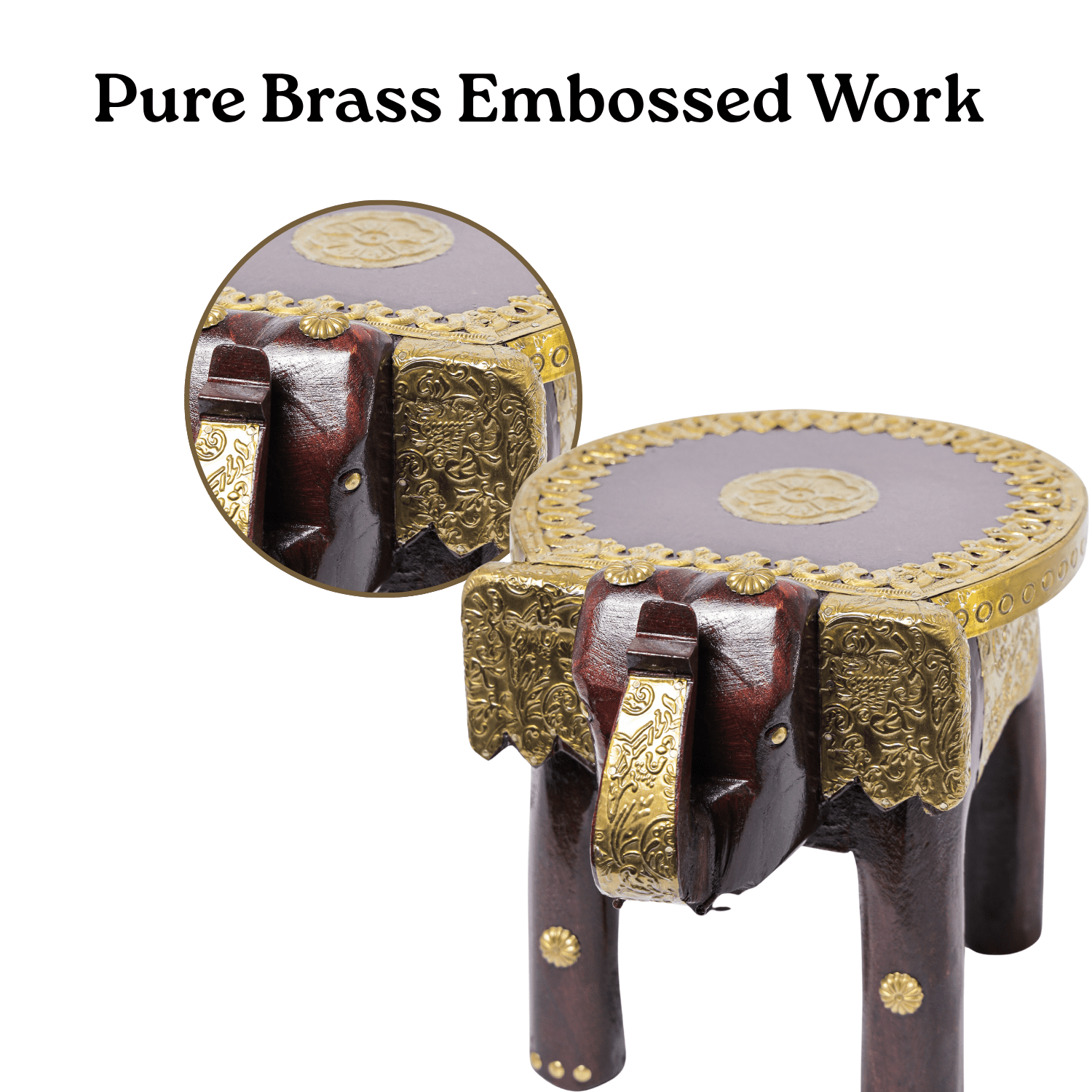 Brass Embossed Wooden Elephant Stool - Image 3