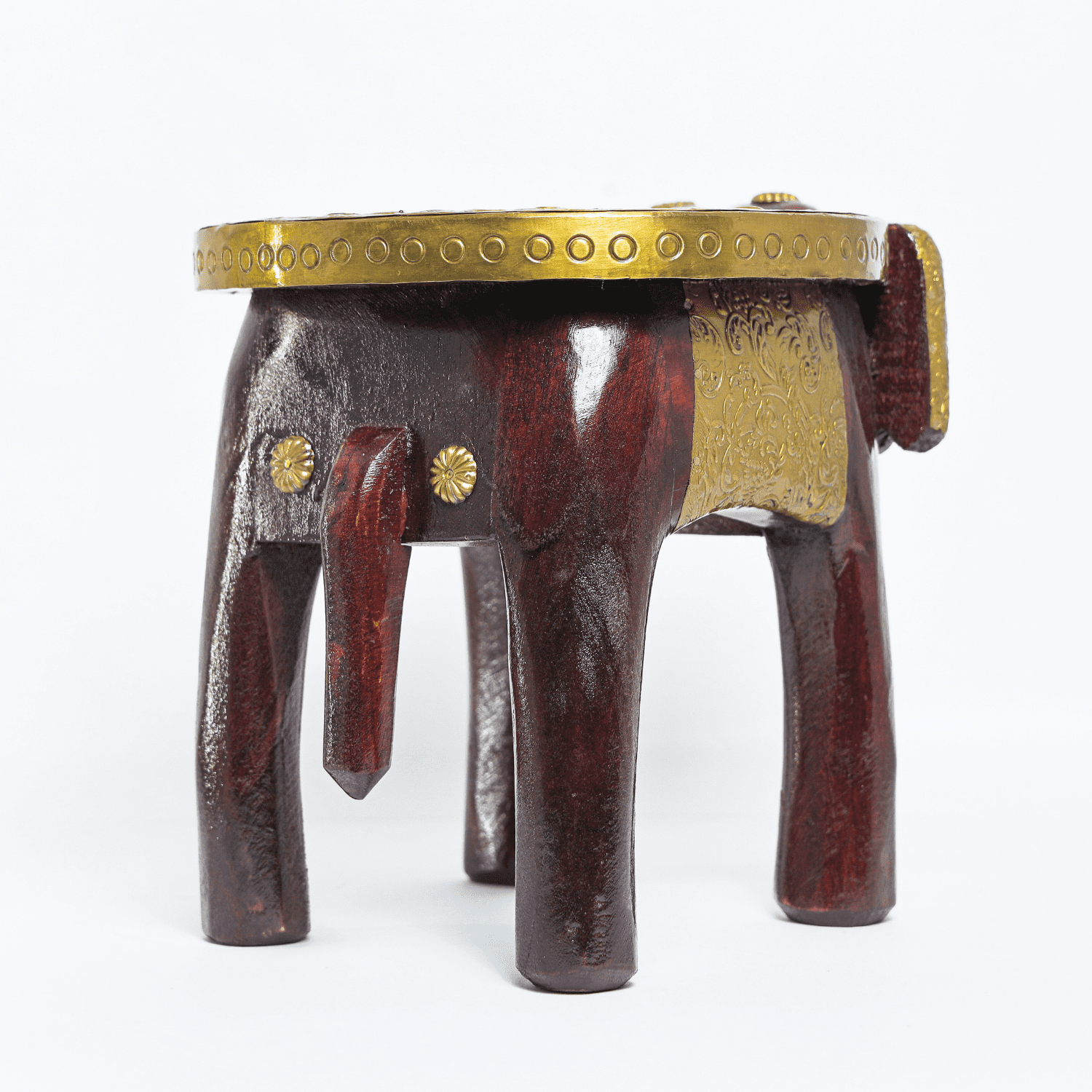 Brass Embossed Wooden Elephant Stool - Image 6
