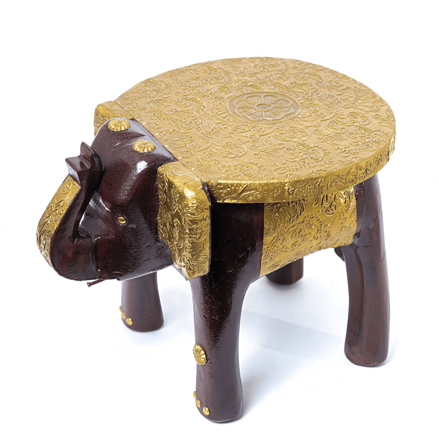 Brass Embossed Wooden Elephant Stool - Image 5