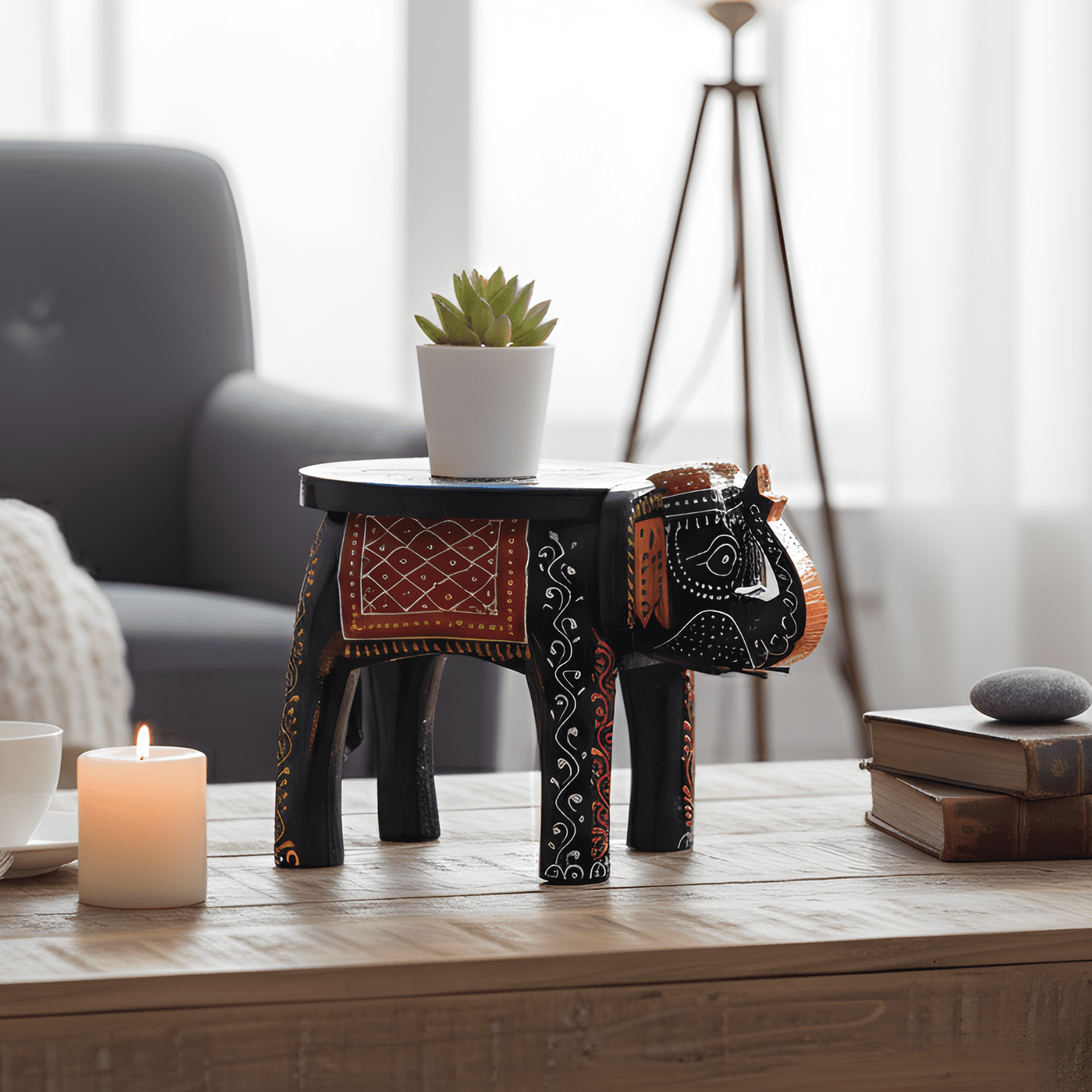 Black Colourful Embossed Painted Wooden Elephant Stool - Image 2