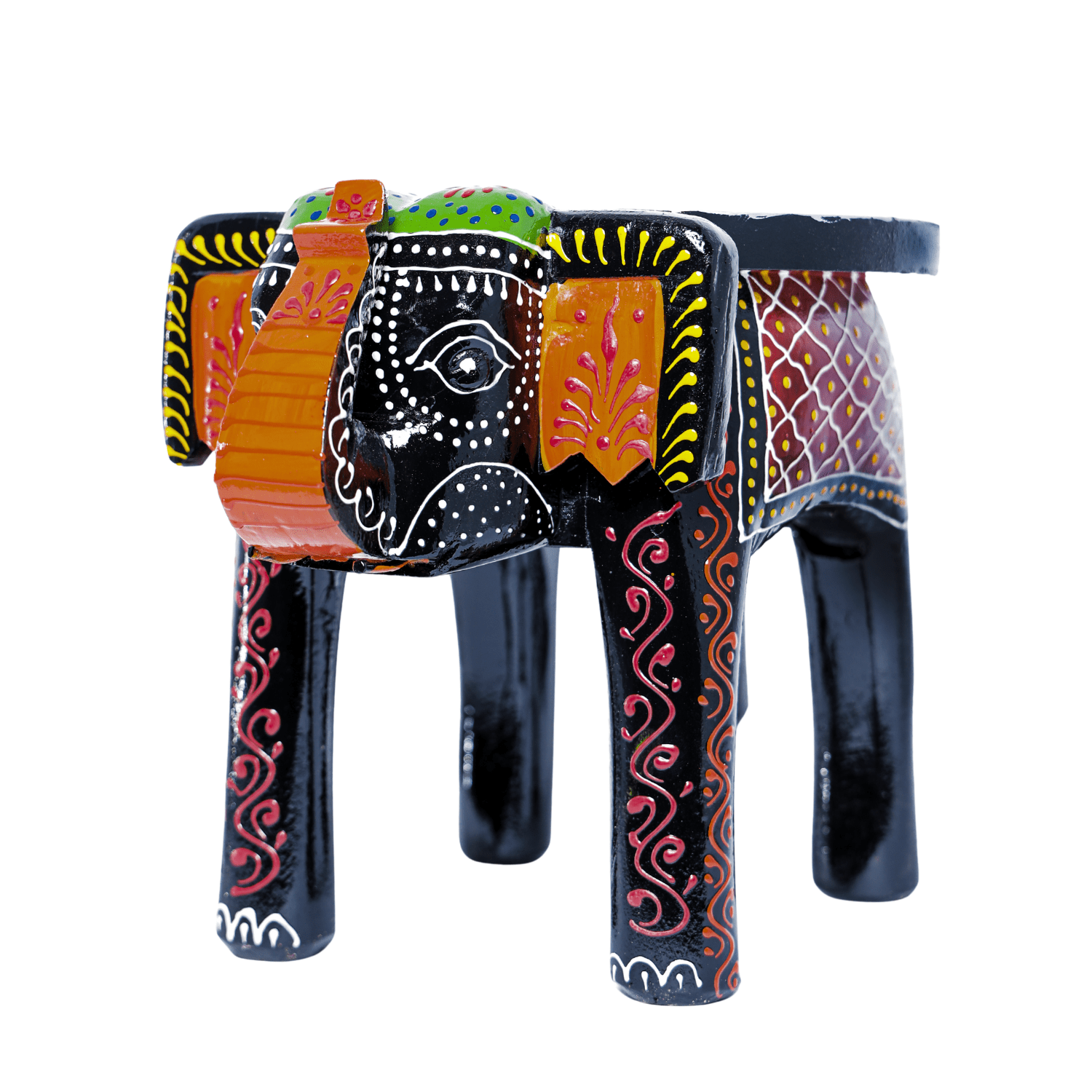 Black Colourful Embossed Painted Wooden Elephant Stool - Image 7