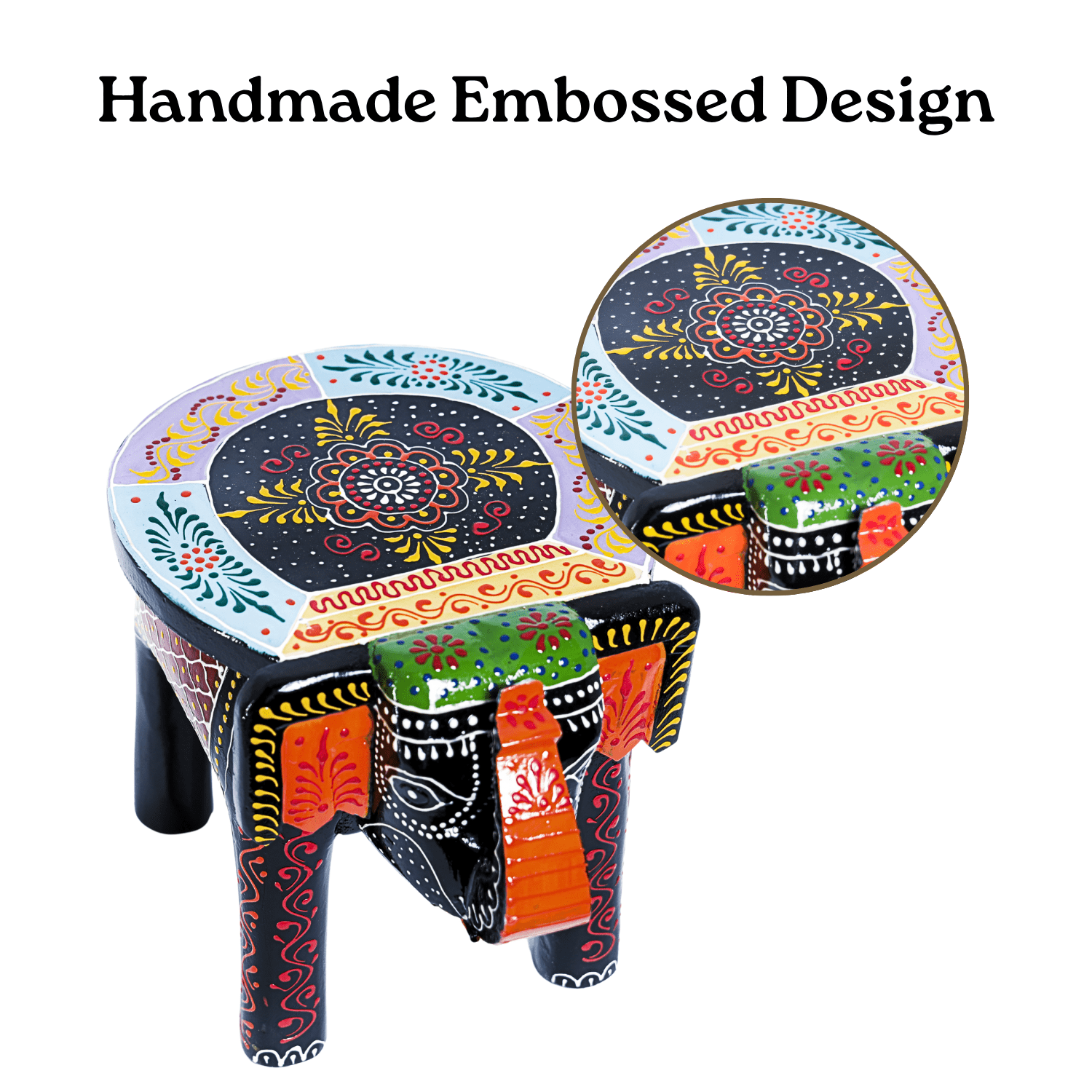 Black Colourful Embossed Painted Wooden Elephant Stool - Image 3