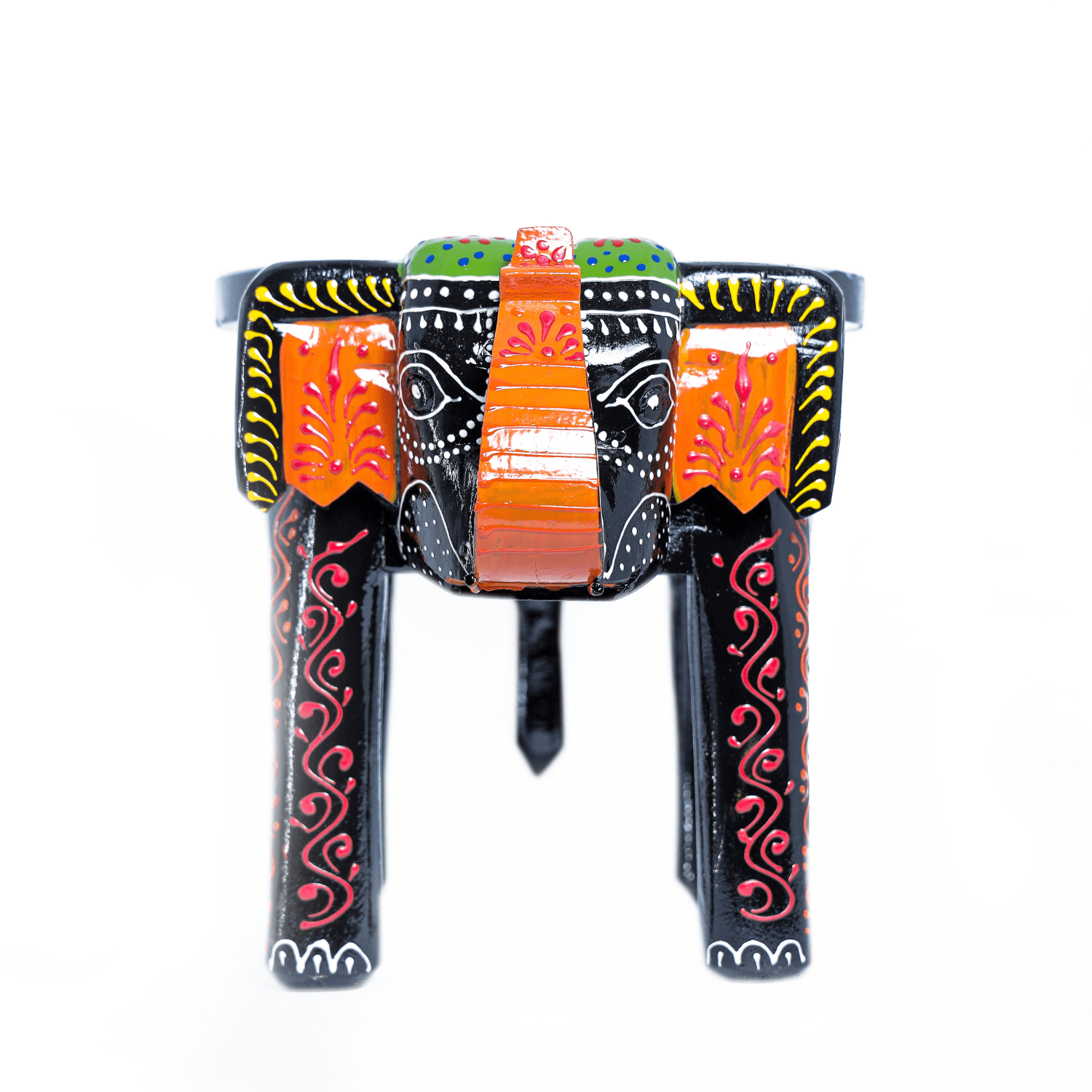 Black Colourful Embossed Painted Wooden Elephant Stool - Image 5
