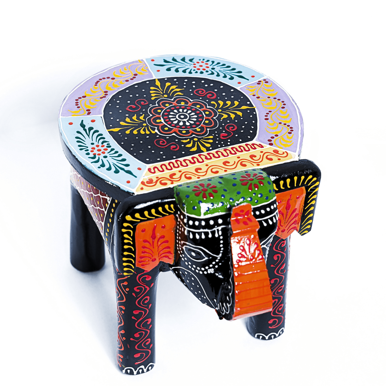 Black Colourful Embossed Painted Wooden Elephant Stool - Image 8