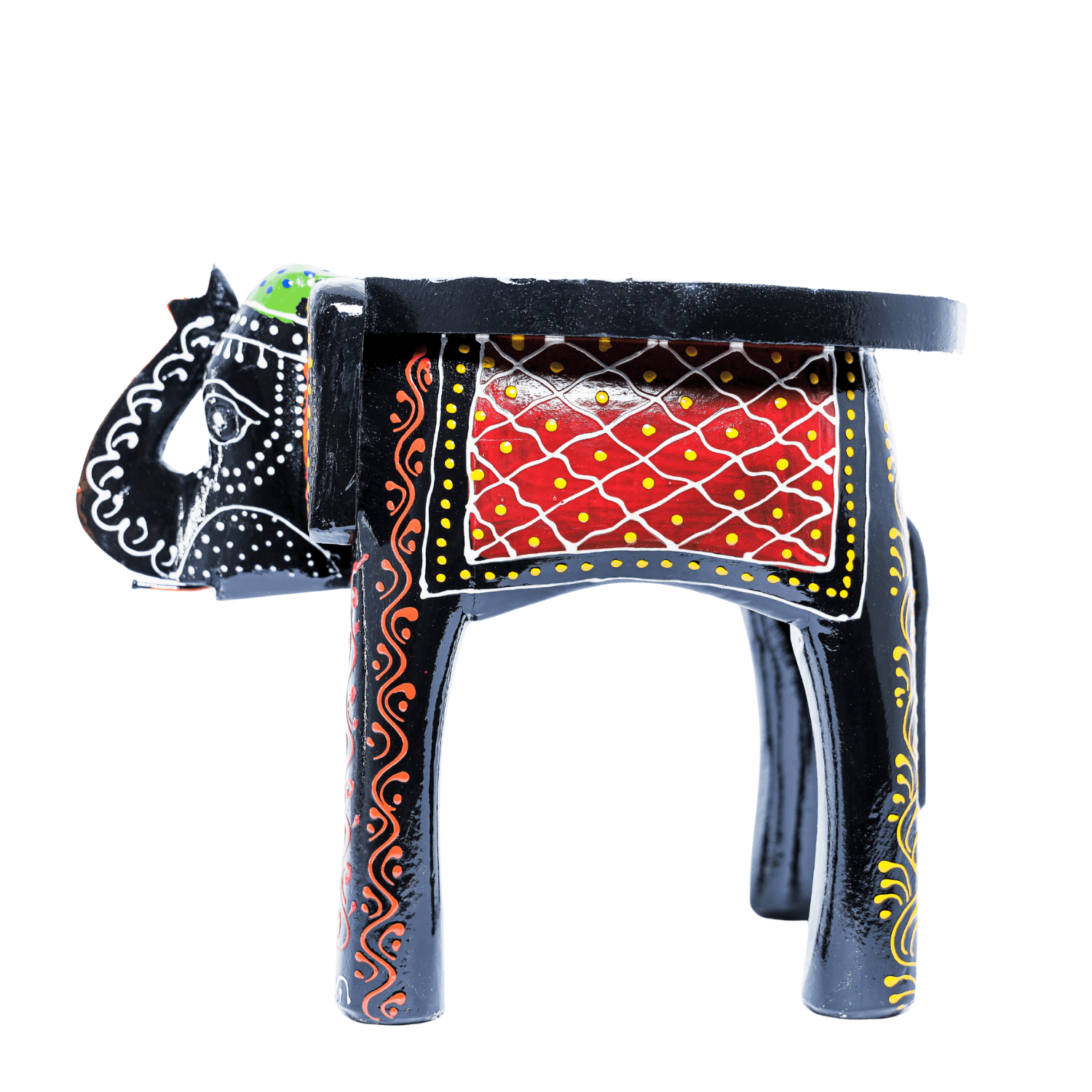Black Colourful Embossed Painted Wooden Elephant Stool - Image 4