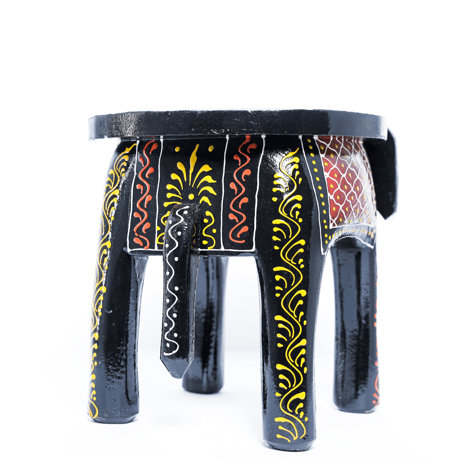 Black Colourful Embossed Painted Wooden Elephant Stool - Image 6