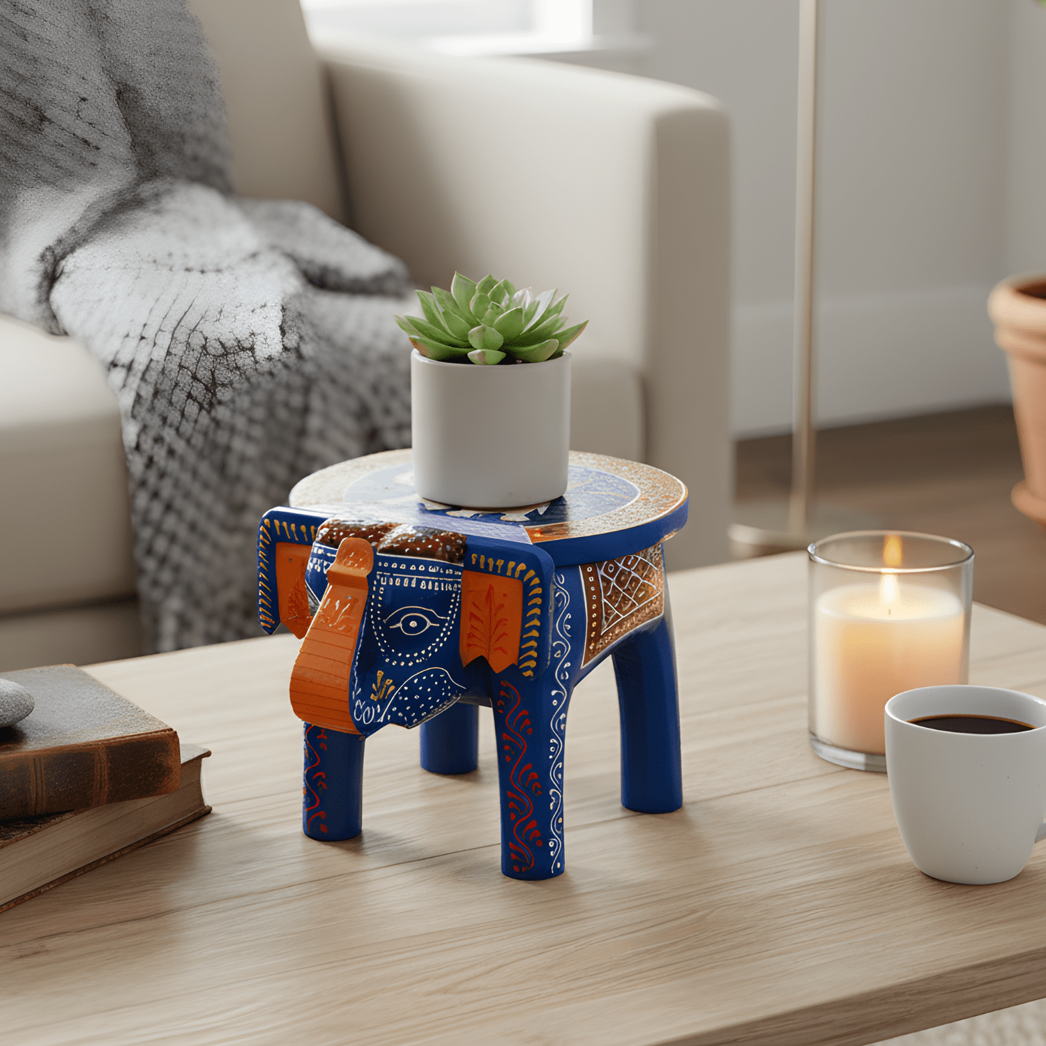 Blue Colourful Hand Painted Wooden Elephant Stool - Image 2