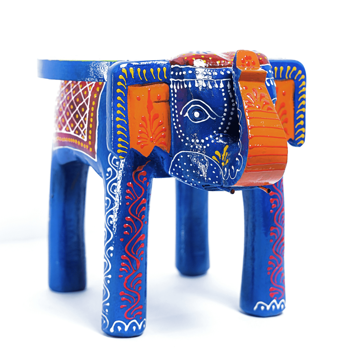 Blue Colourful Hand Painted Wooden Elephant Stool - Image 4