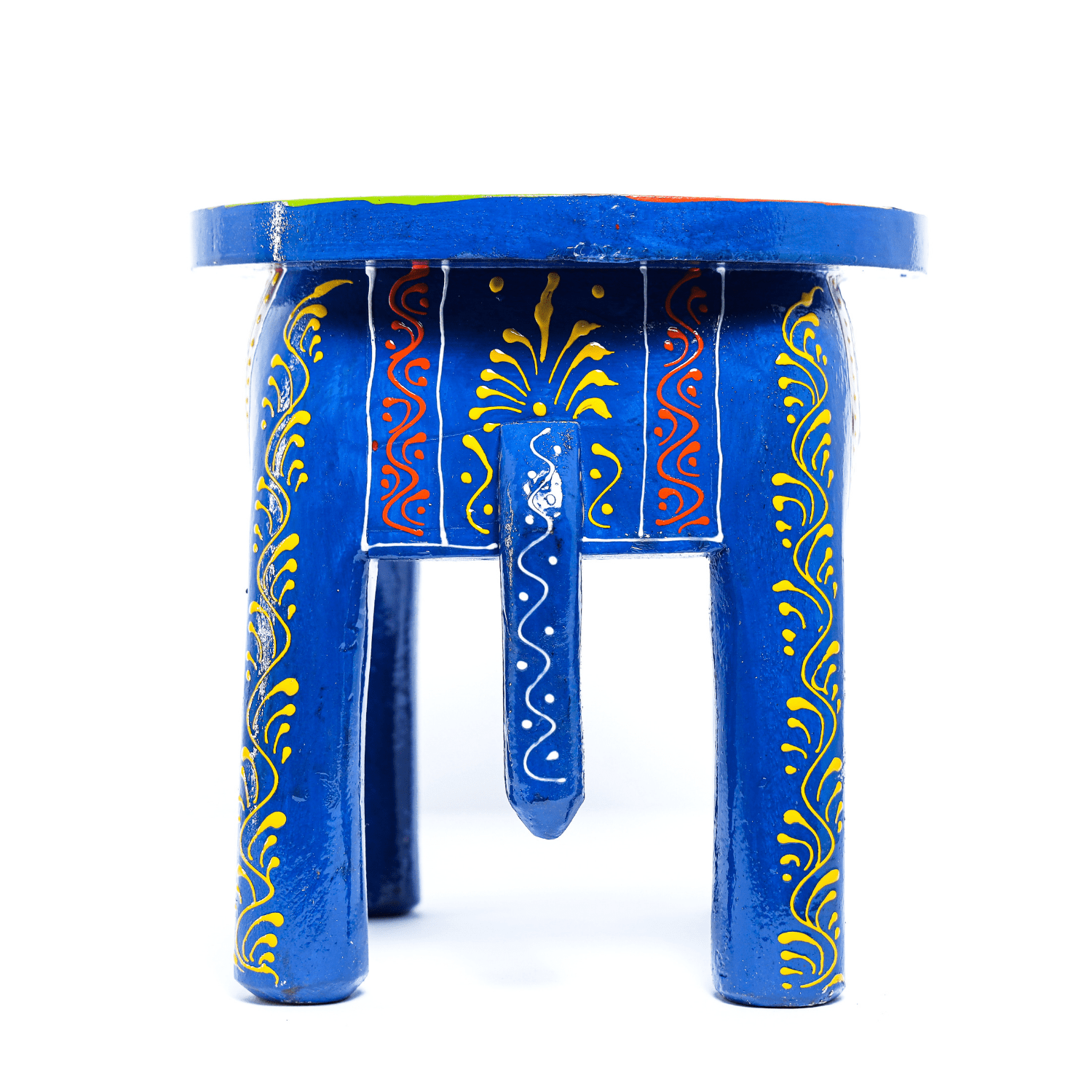 Blue Colourful Hand Painted Wooden Elephant Stool - Image 7