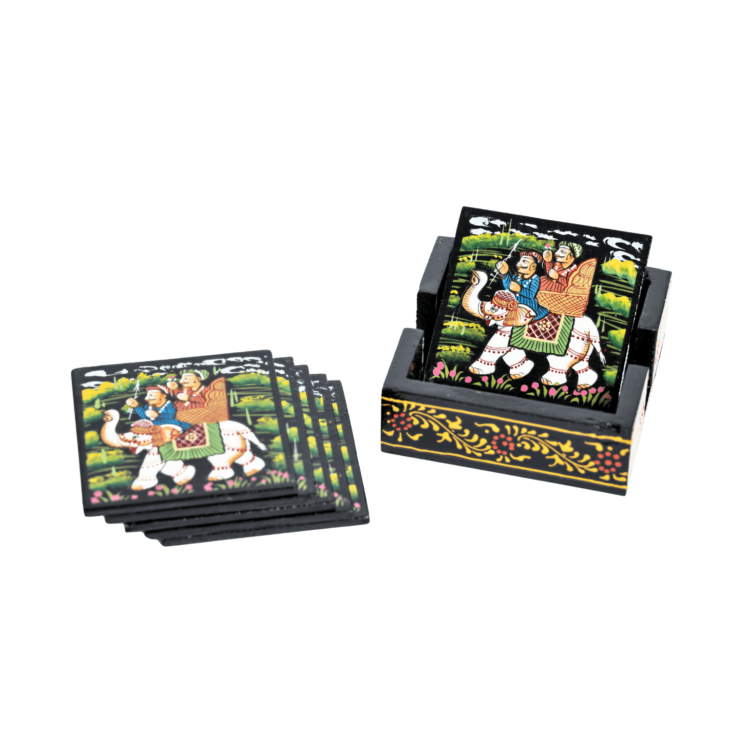 Black Square Rajasthani Hand Painted Wooden Coaster Set - Image 6