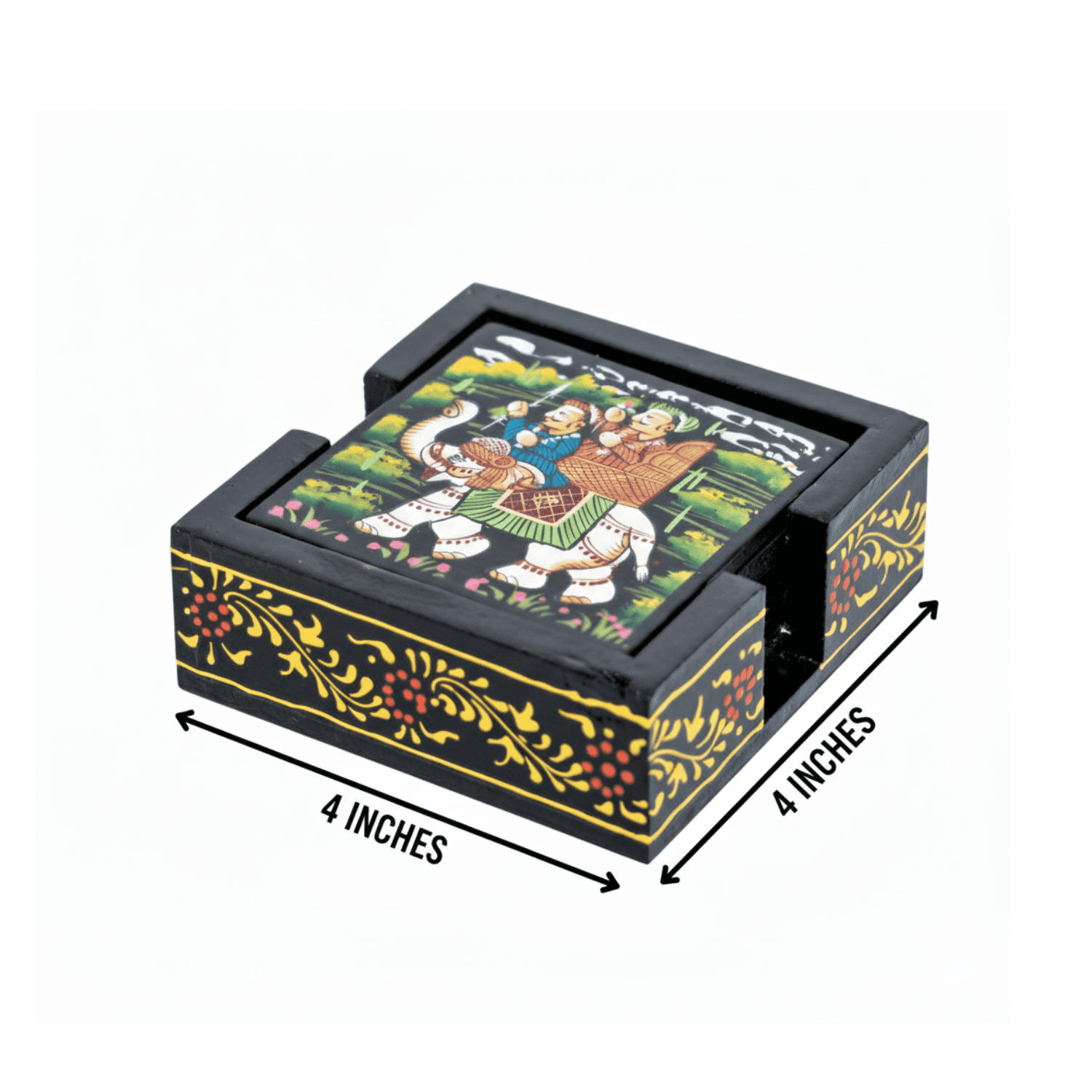 Black Square Rajasthani Hand Painted Wooden Coaster Set - Image 3