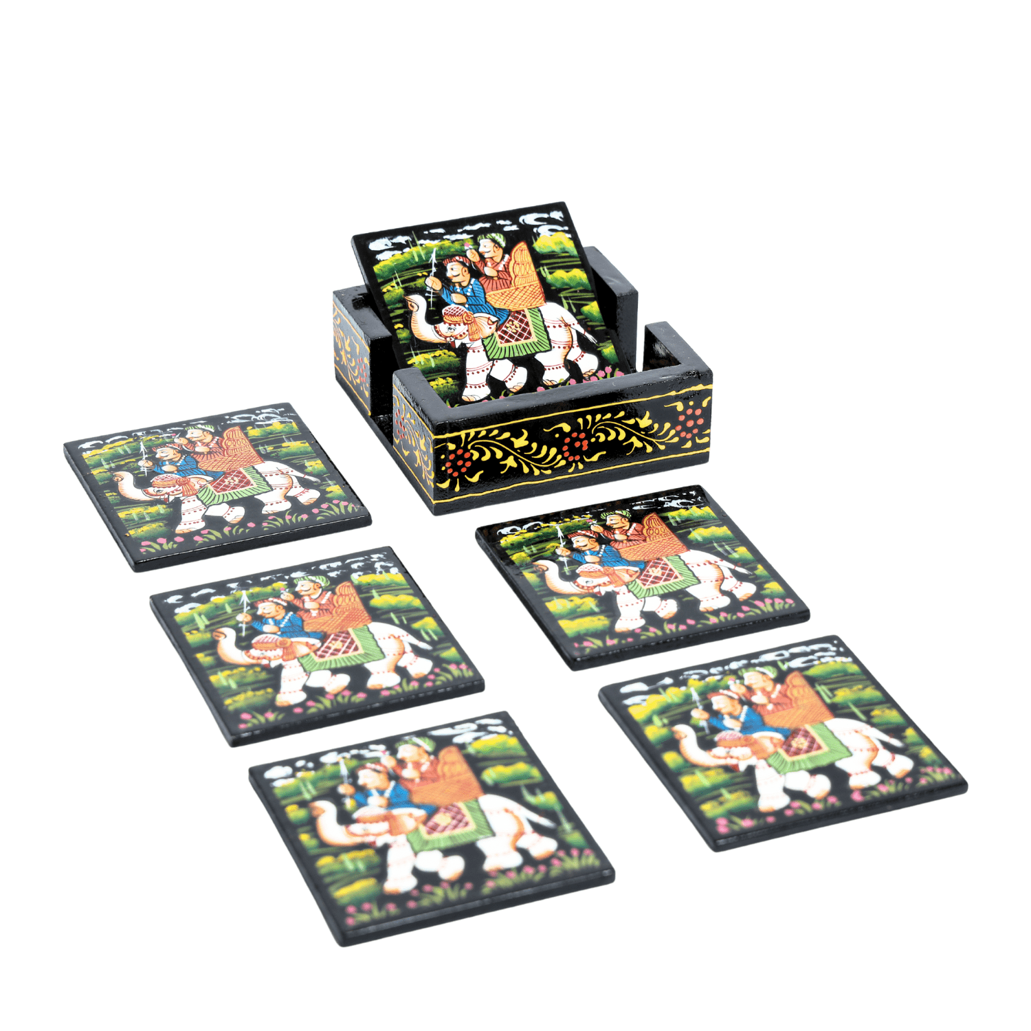 Black Square Rajasthani Hand Painted Wooden Coaster Set - Image 4