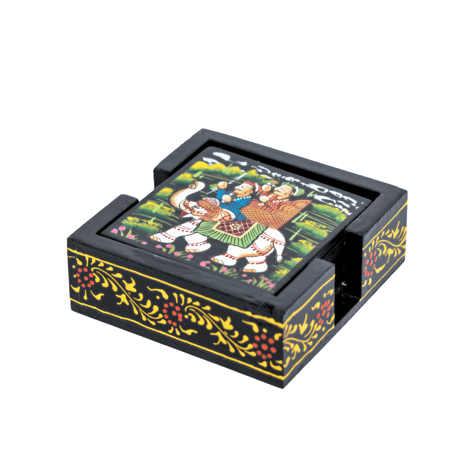 Black Square Rajasthani Hand Painted Wooden Coaster Set - Image 7
