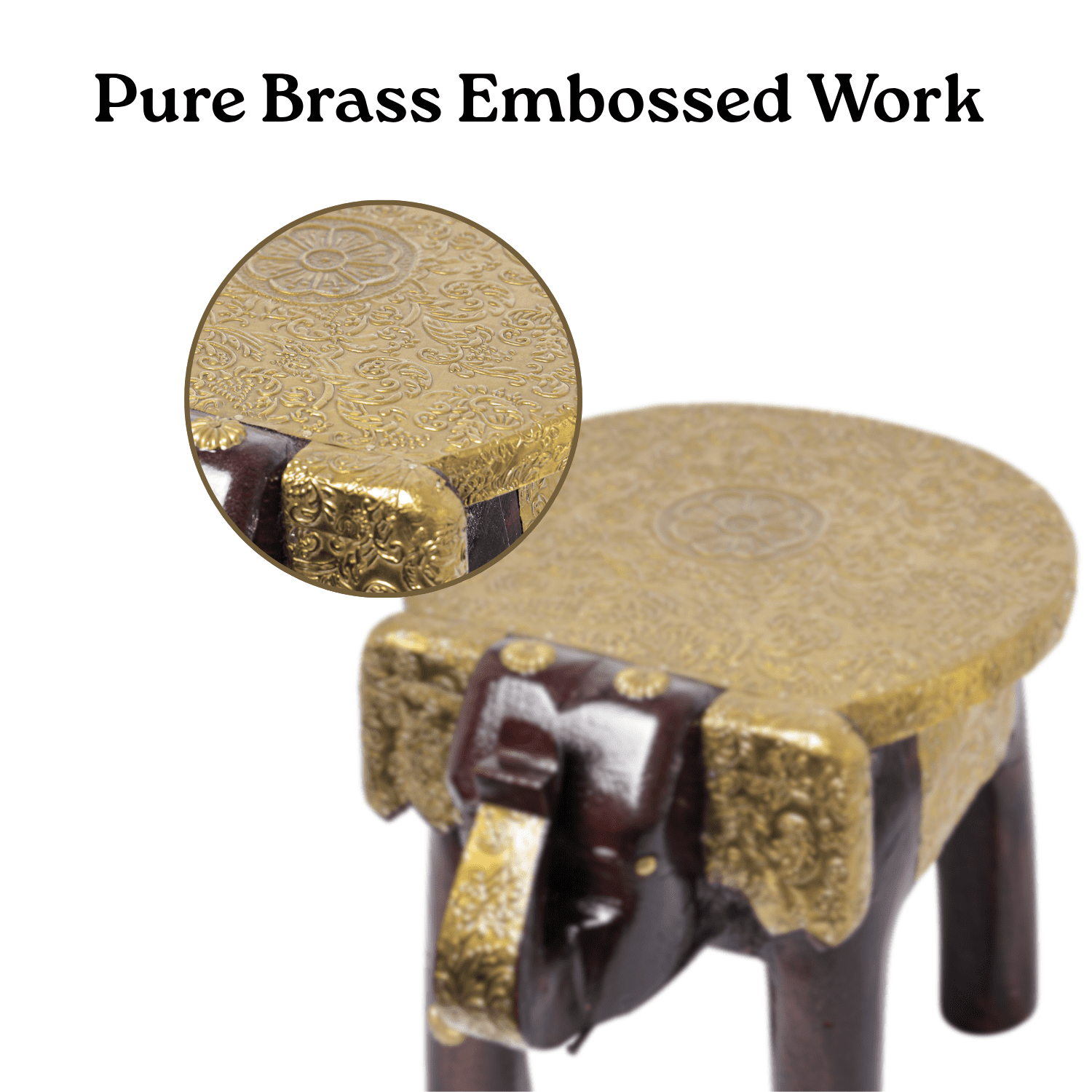 Brass Embossed Wooden Elephant Stool - Image 3