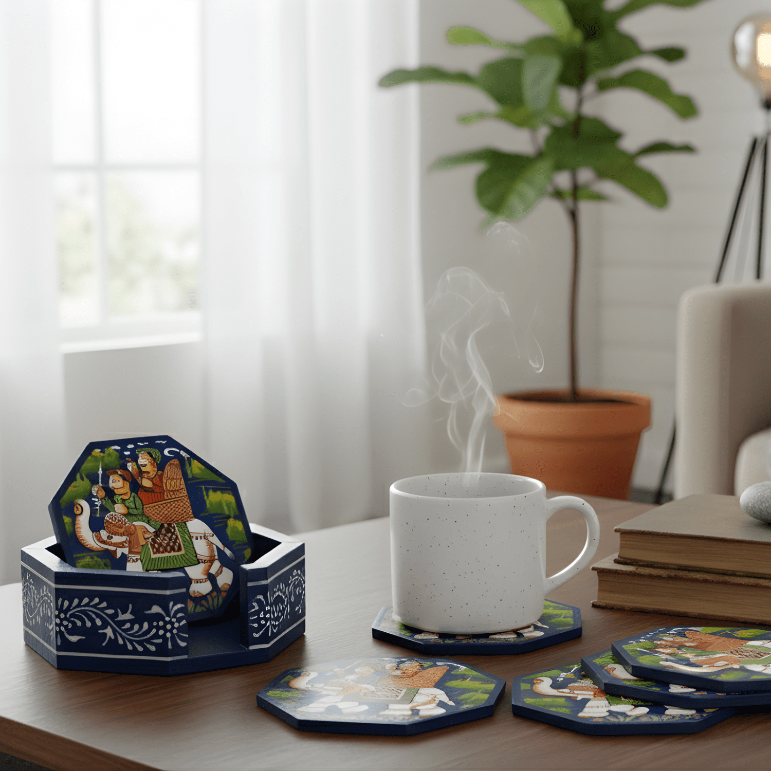 Blue Rajasthani Hand Painted Wooden Coaster Set - Image 2