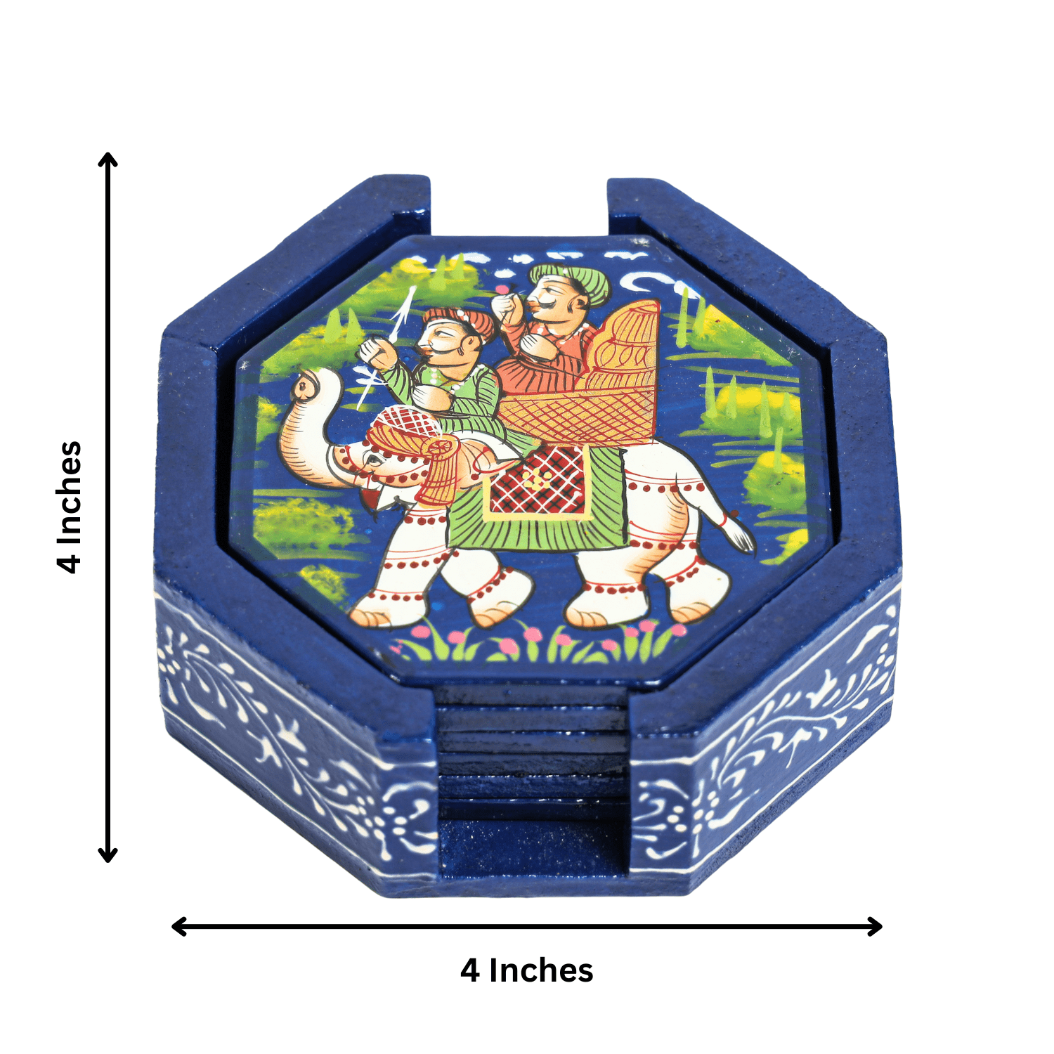 Blue Rajasthani Hand Painted Wooden Coaster Set - Image 3