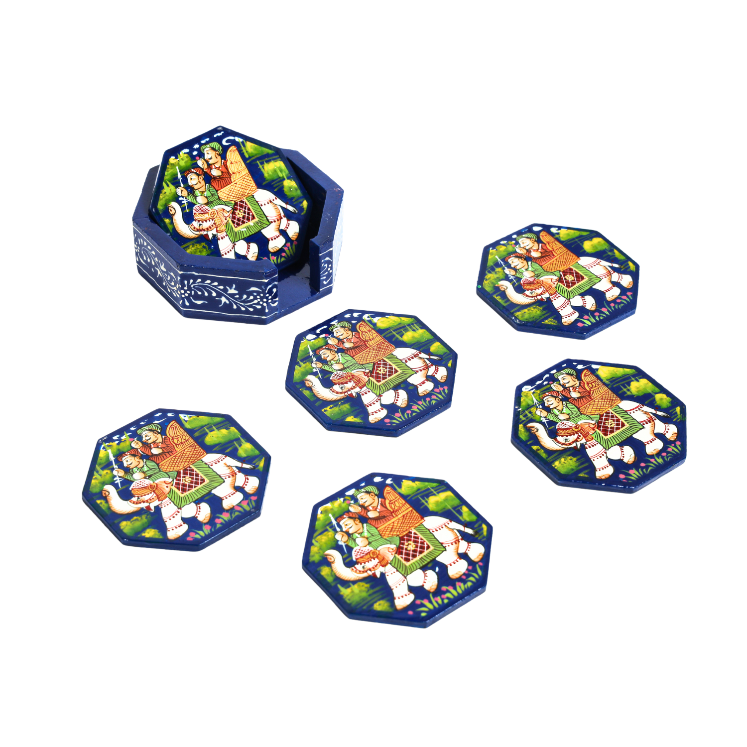 Blue Rajasthani Hand Painted Wooden Coaster Set - Image 4