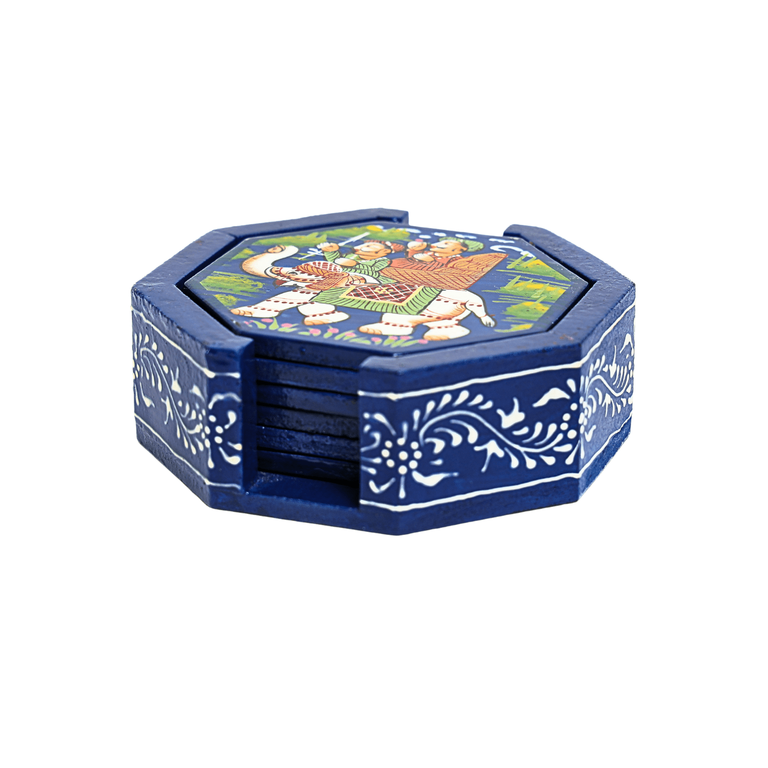 Blue Rajasthani Hand Painted Wooden Coaster Set - Image 5