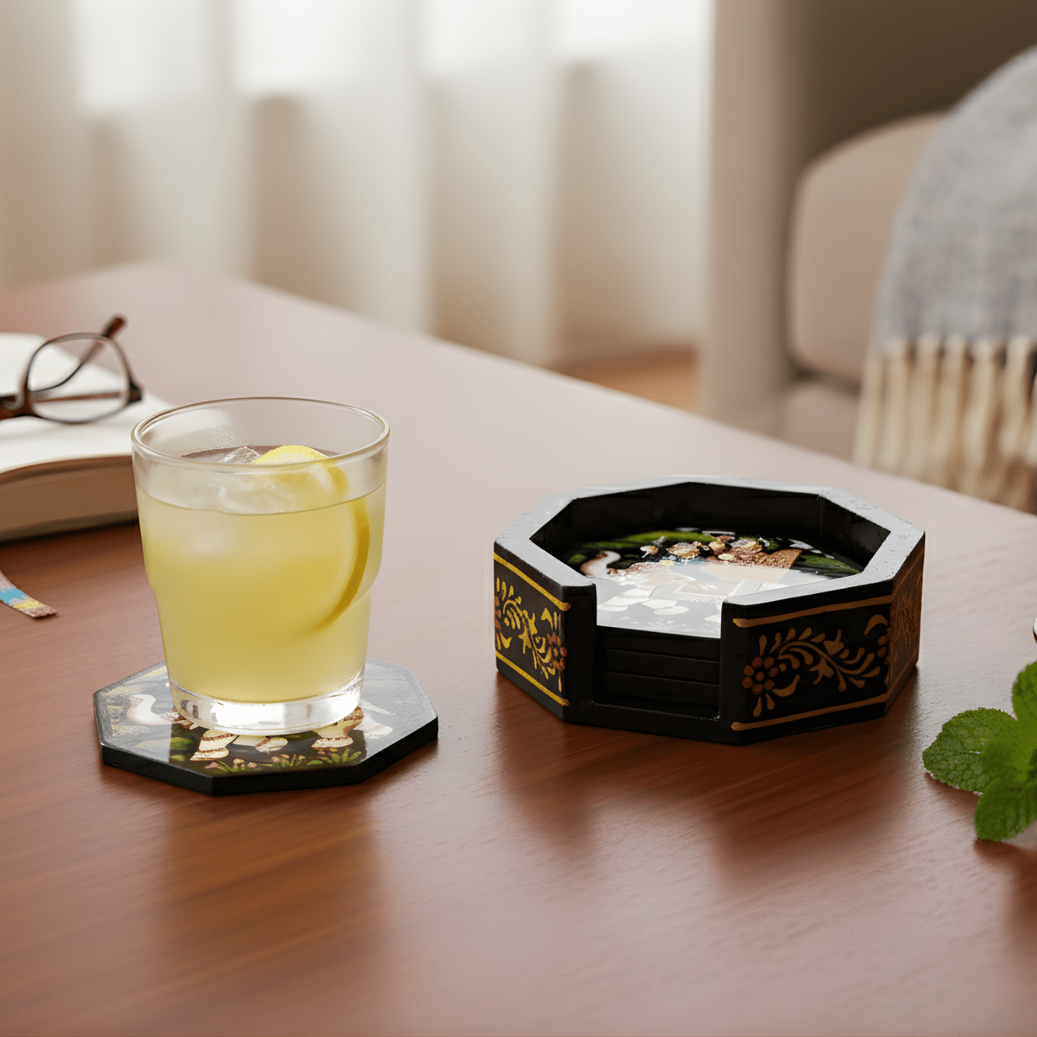 Black Rajasthani Hand Painted Wooden Coaster Set - Image 2