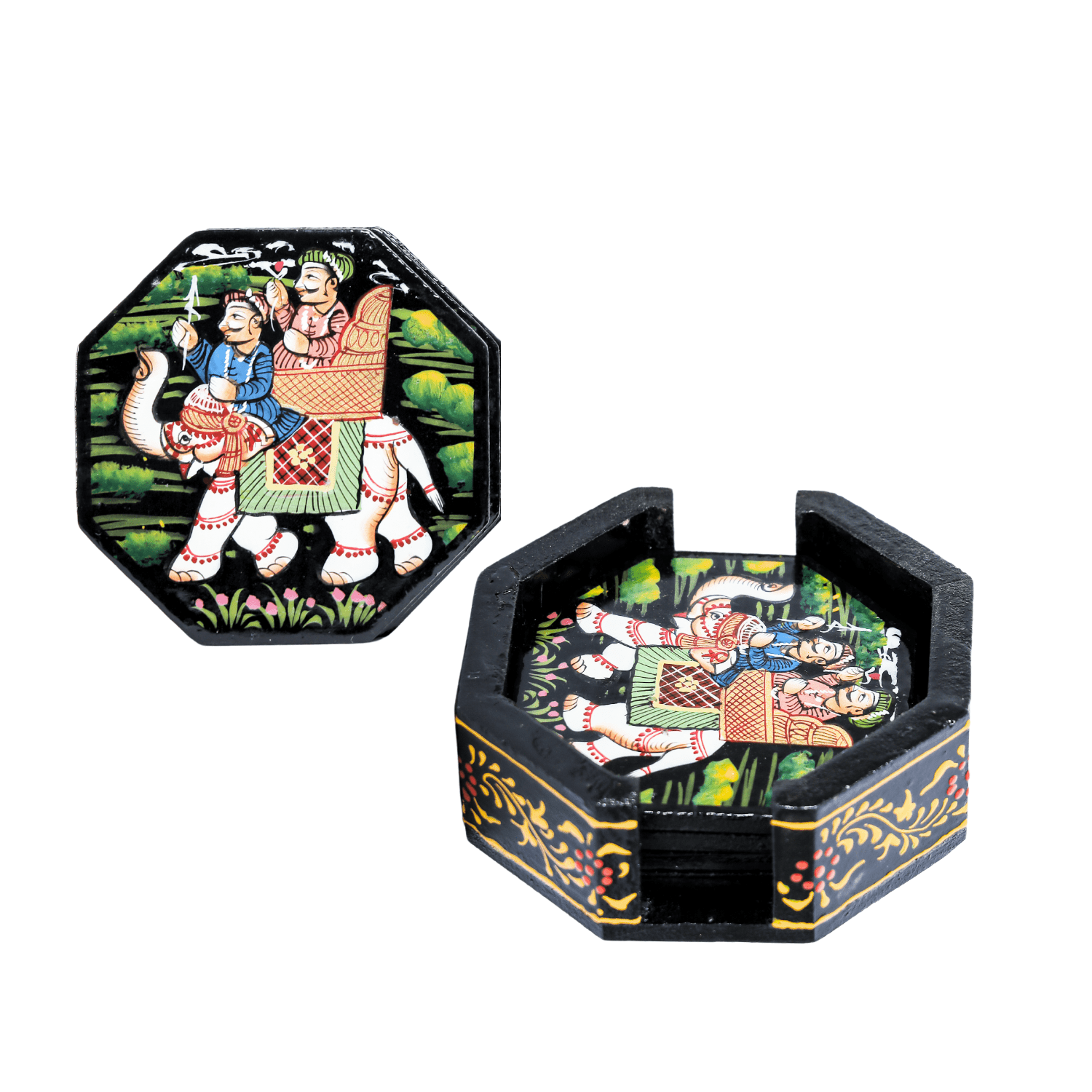 Black Rajasthani Hand Painted Wooden Coaster Set - Image 6