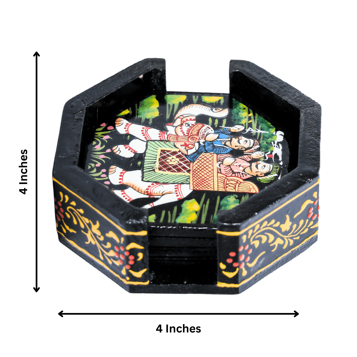 Black Rajasthani Hand Painted Wooden Coaster Set - Image 3