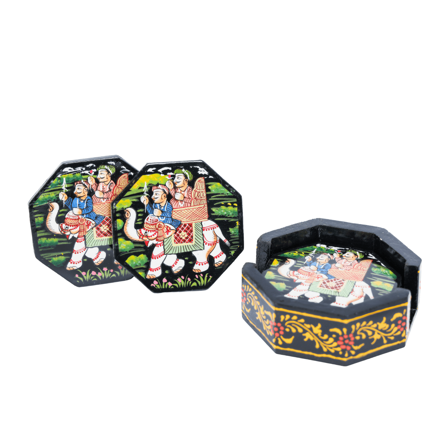 Black Rajasthani Hand Painted Wooden Coaster Set - Image 7