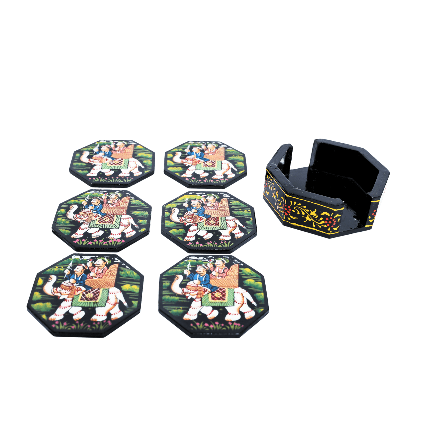 Black Rajasthani Hand Painted Wooden Coaster Set - Image 5