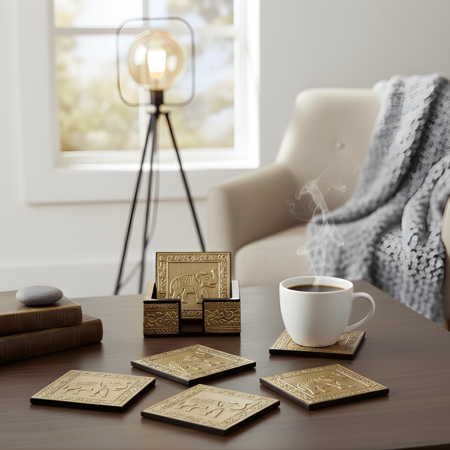 Brass Embossed Square Wooden Coasters Set - Image 2