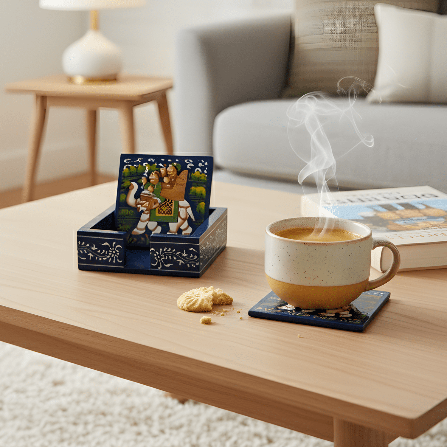 Blue Square Rajasthani Hand Painted Wooden Coaster Set - Image 2