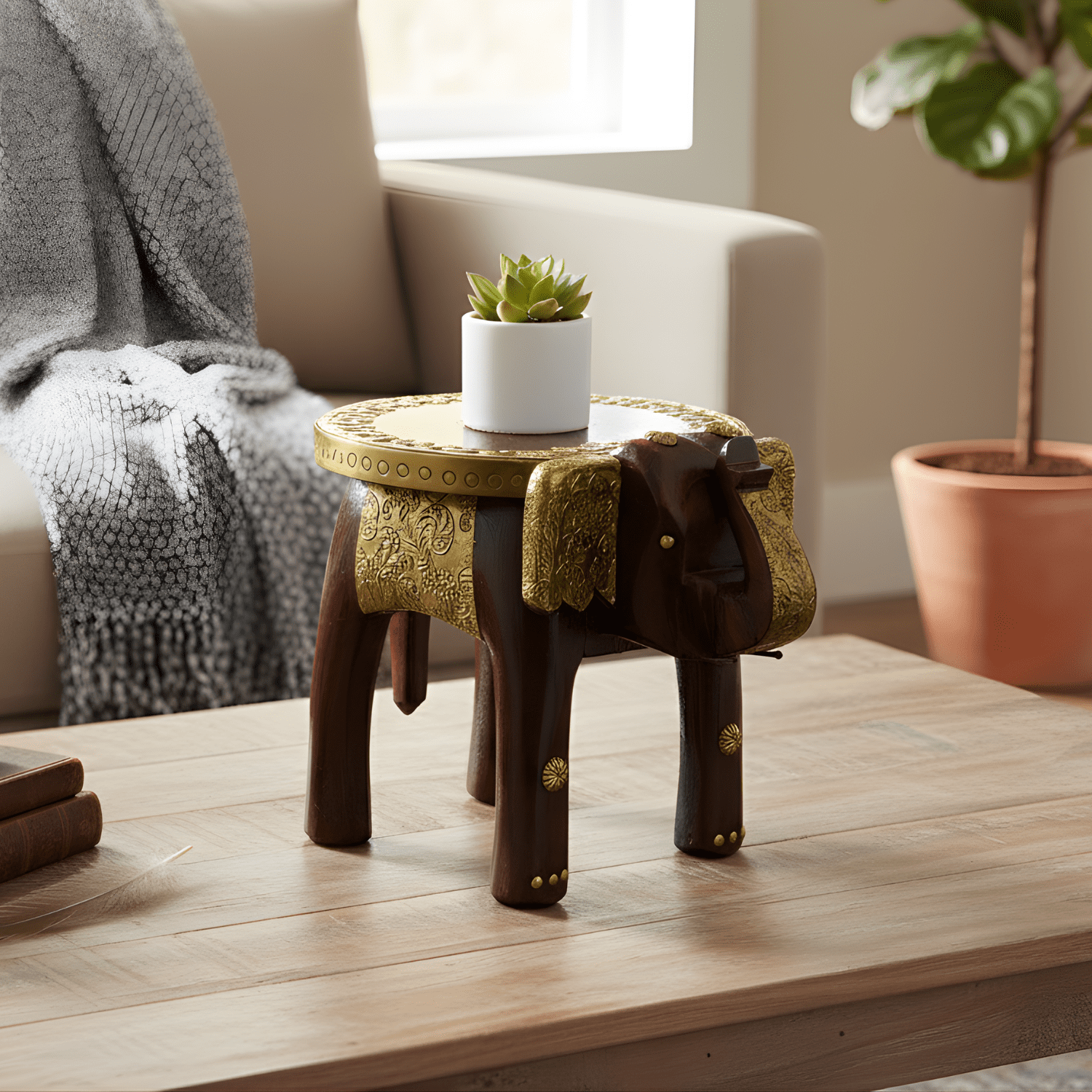 Brass Embossed Wooden Elephant Stool - Image 2