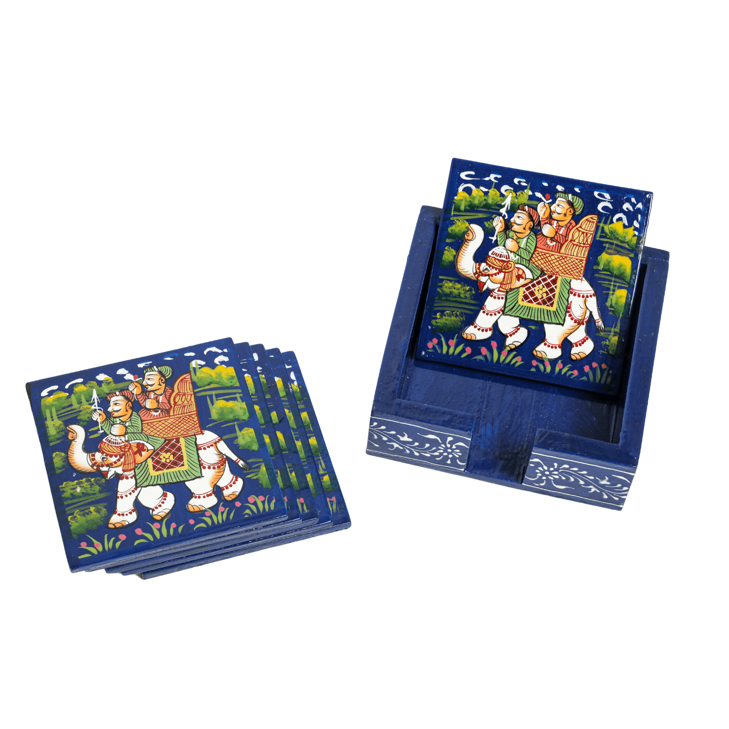 Blue Square Rajasthani Hand Painted Wooden Coaster Set - Image 6