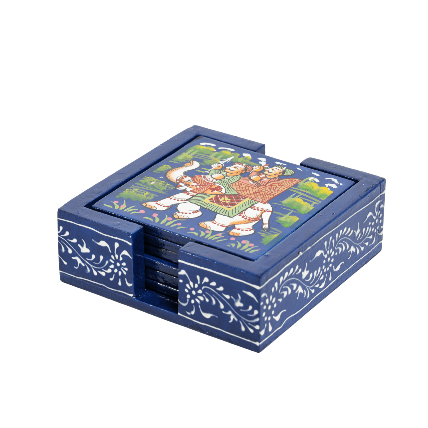 Blue Square Rajasthani Hand Painted Wooden Coaster Set - Image 5