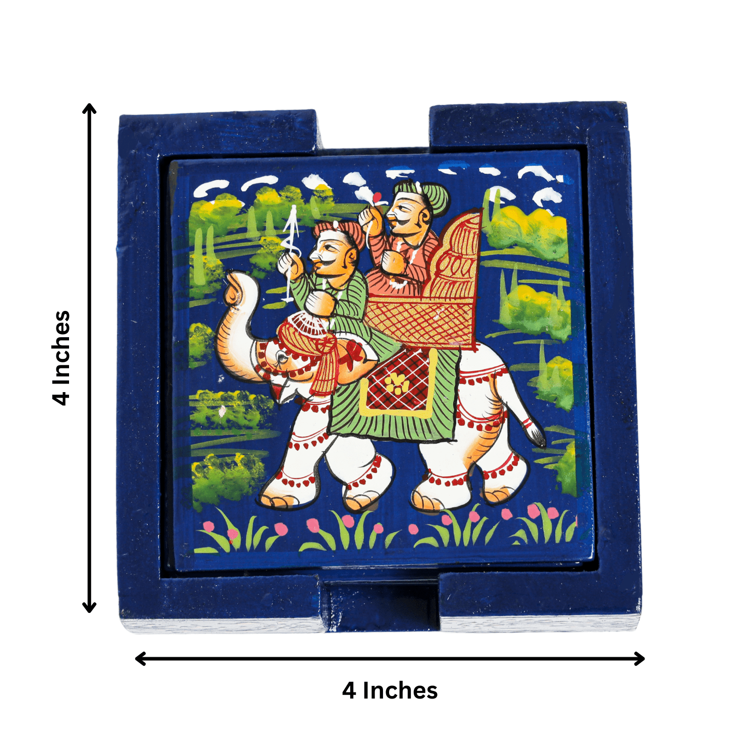 Blue Square Rajasthani Hand Painted Wooden Coaster Set - Image 3