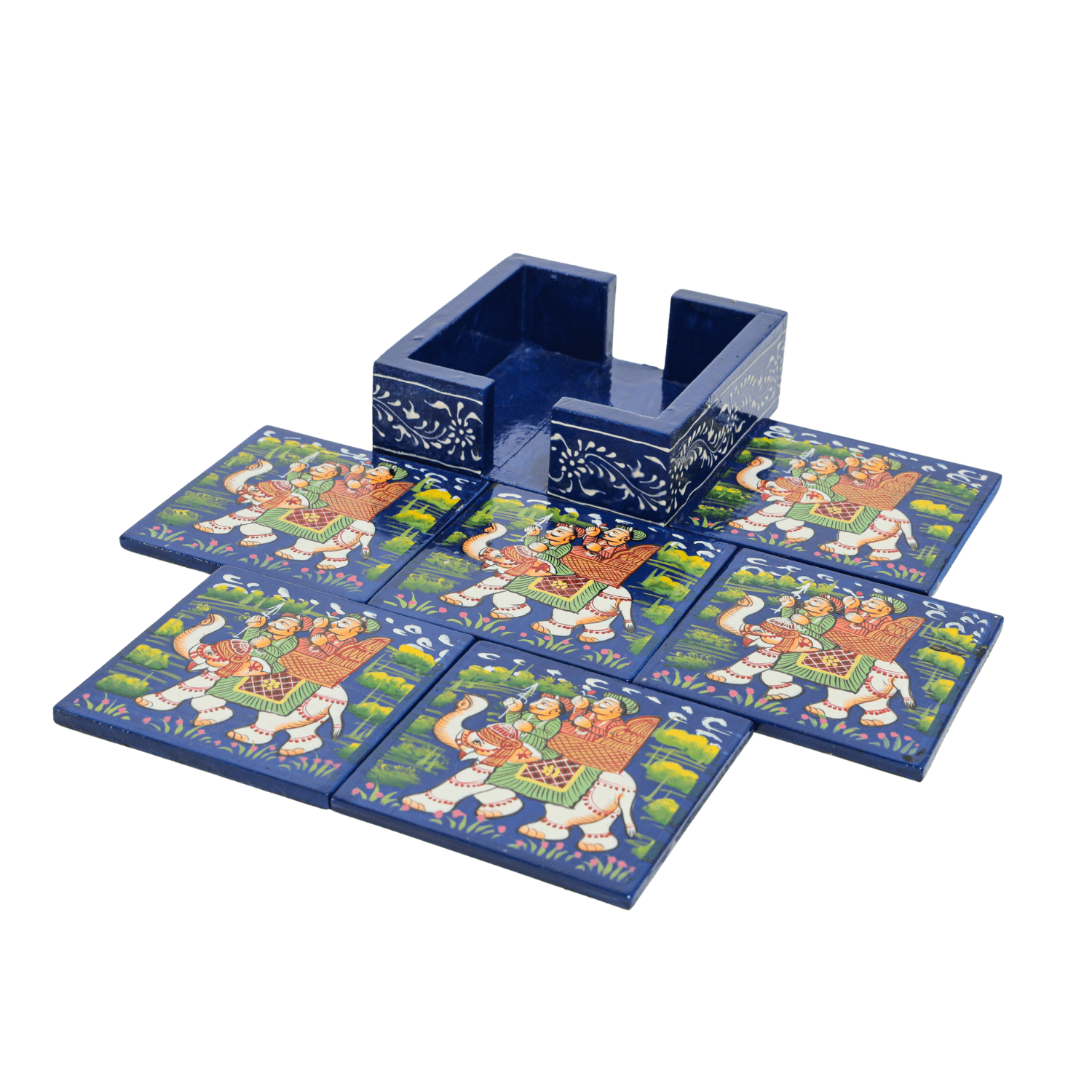 Blue Square Rajasthani Hand Painted Wooden Coaster Set - Image 4