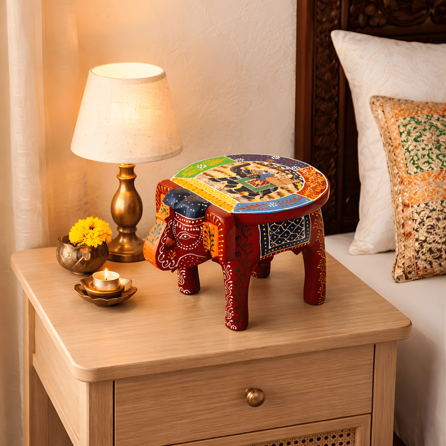 Red Colourful Hand Painted Wooden Elephant Stool - Image 2