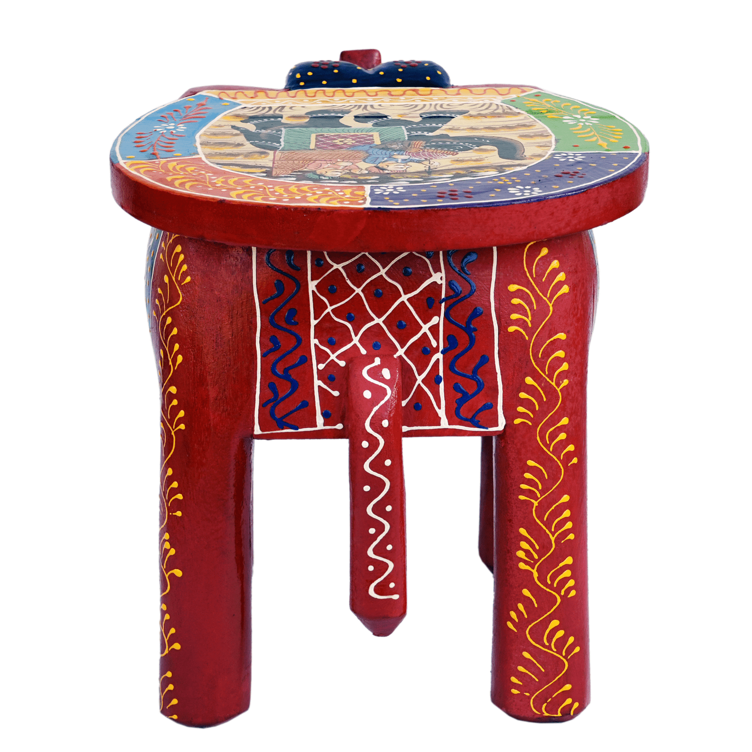 Red Colourful Hand Painted Wooden Elephant Stool - Image 6